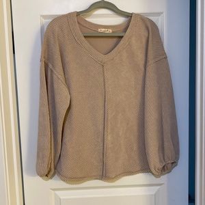 Tan Ribbed V-Neck Blouse